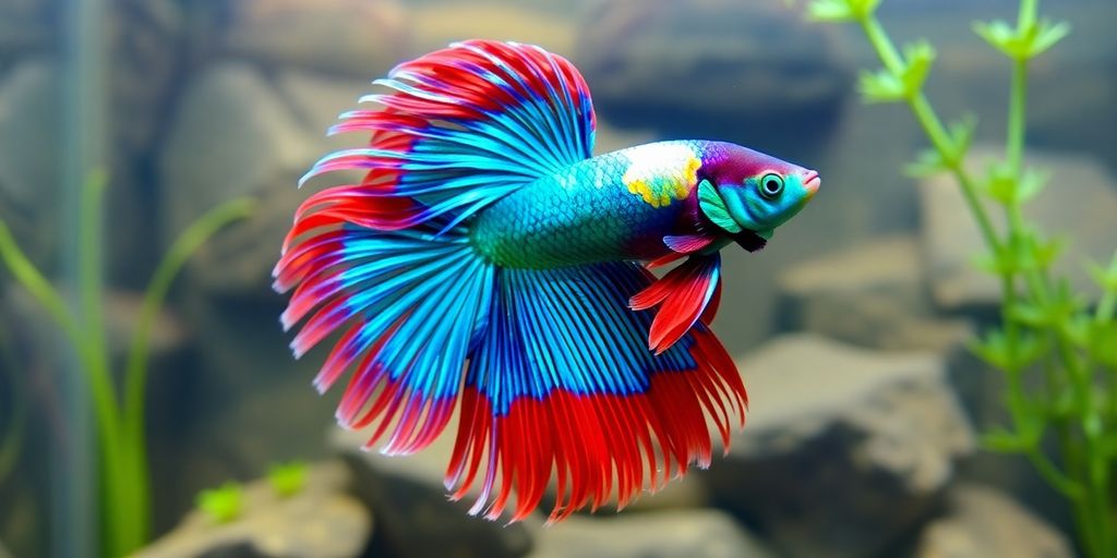 色彩斑斓的斗鱼在清澈的水族箱中游泳。