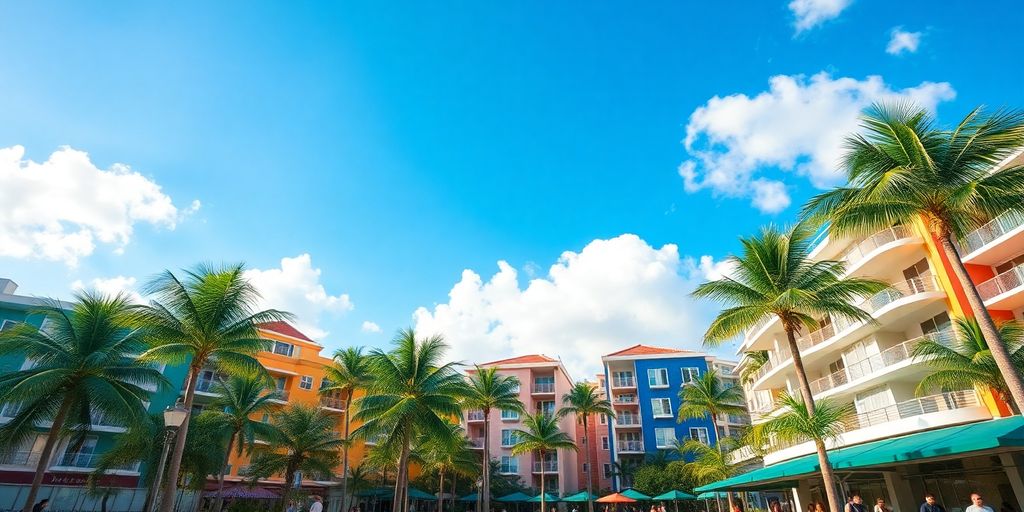 Vibrant Aventura, Florida scene with palm trees and sunshine.