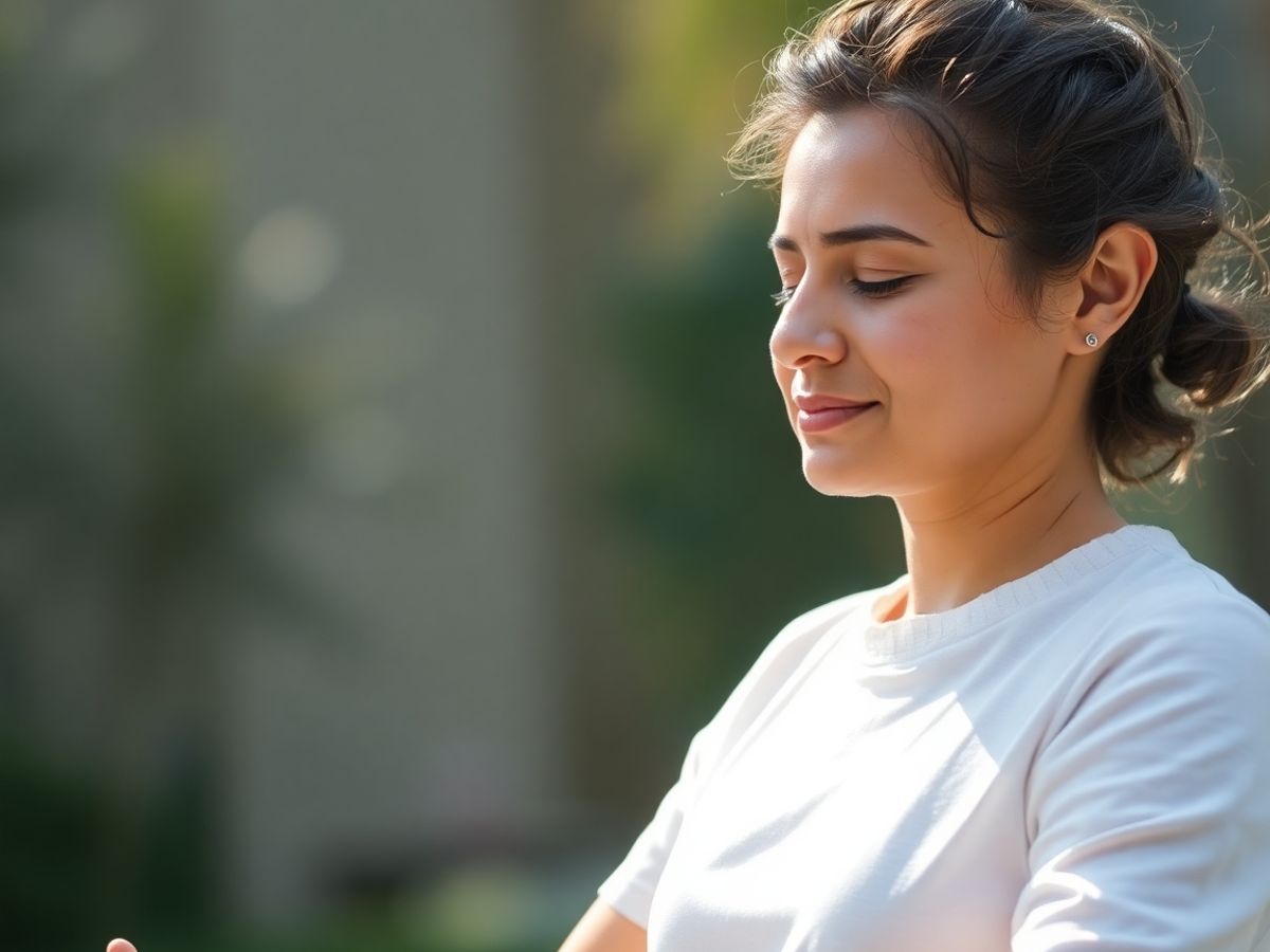 Femeie meditând cu ochii închiși, înconjurată de calm.