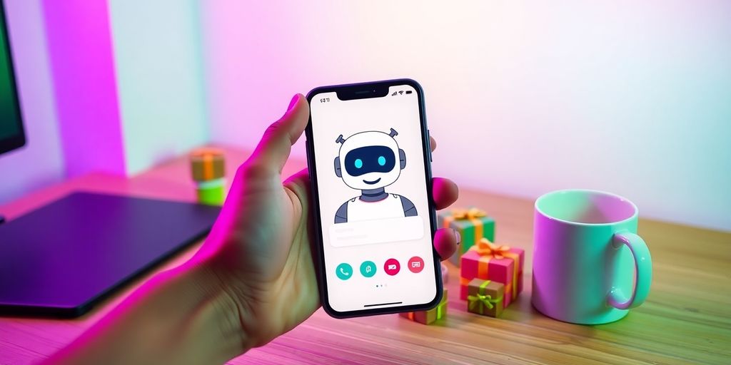 Ruka drži telefon sa robot avatarom, šareni pokloni na stolu.