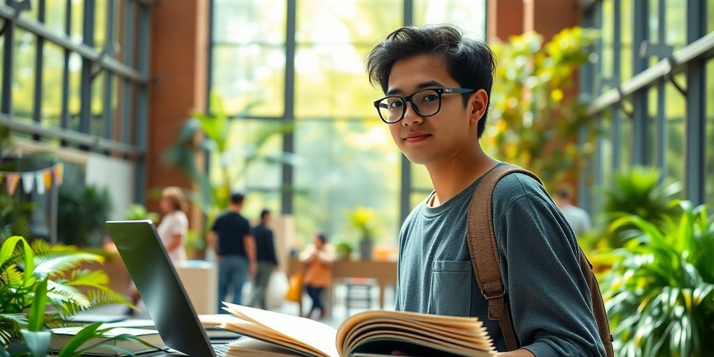 University student in a lively campus environment with books.