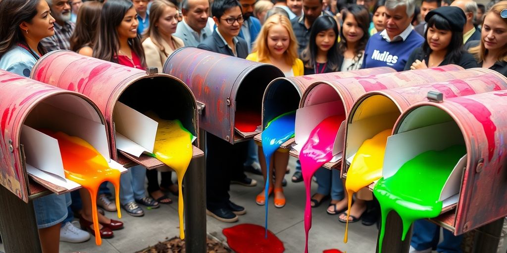 Mailboxes, open letters, dripping water, engaging audience.