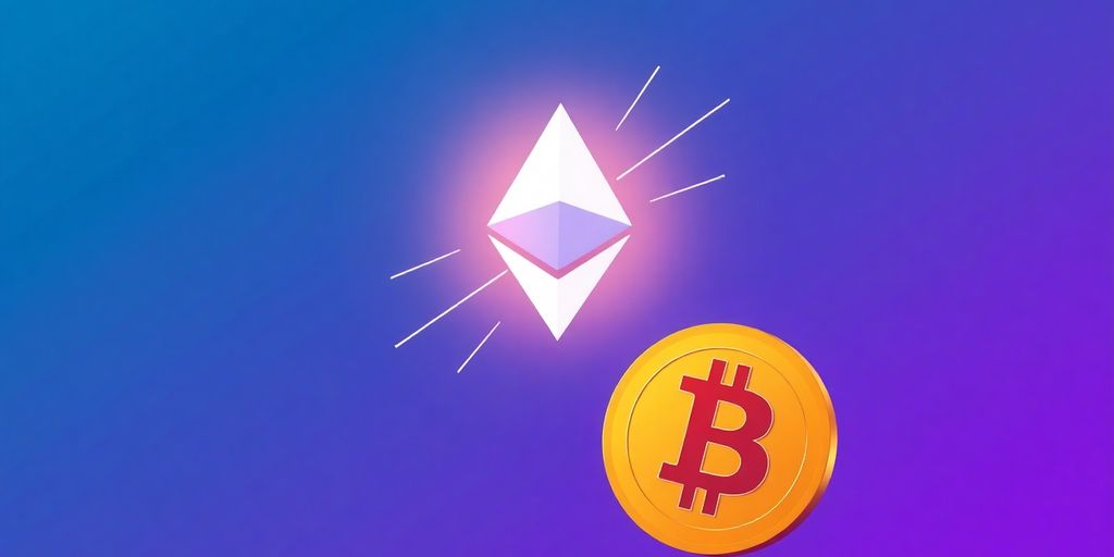 Ethereum ether symbol rising above Bitcoin symbol.