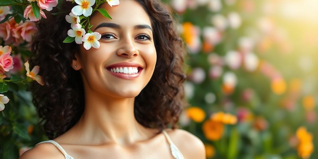Smiling woman with radiant skin in a natural setting.