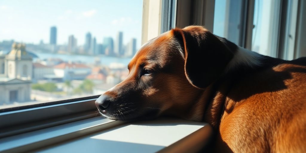 Dog looking out a window in Sydney.