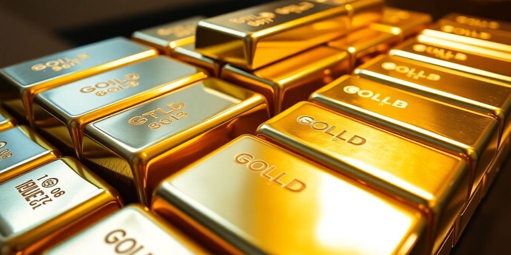 Close-up of shiny gold bars stacked together.