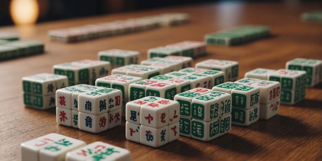 Close-up of Mahjong tiles on a wooden table.