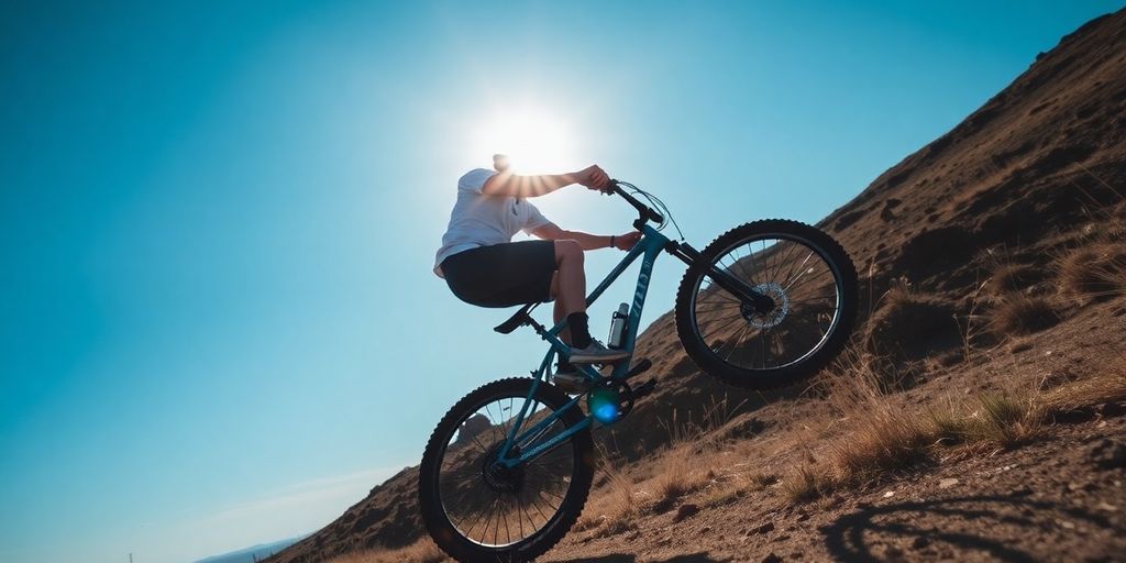 Cyclist performing a wheelie on a bicycle.