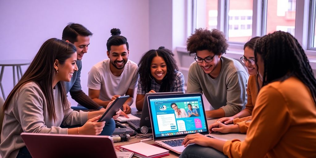 Diverse students engaged in an online education class.