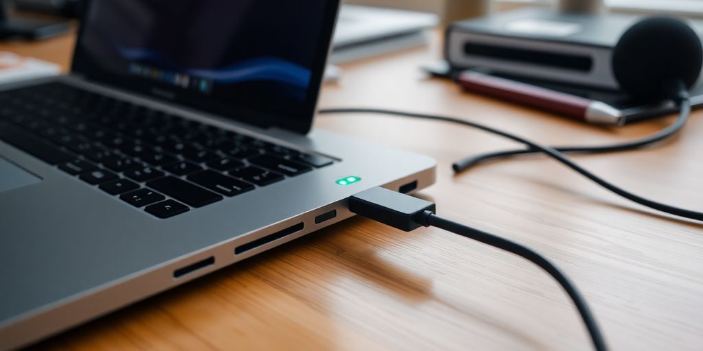Laptop carregando em mesa de escritório organizada.