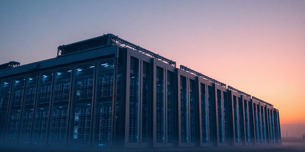 Huge data centre building with blue glow.