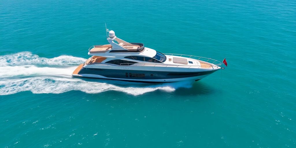 Luxury yacht sailing on turquoise water under a clear sky.