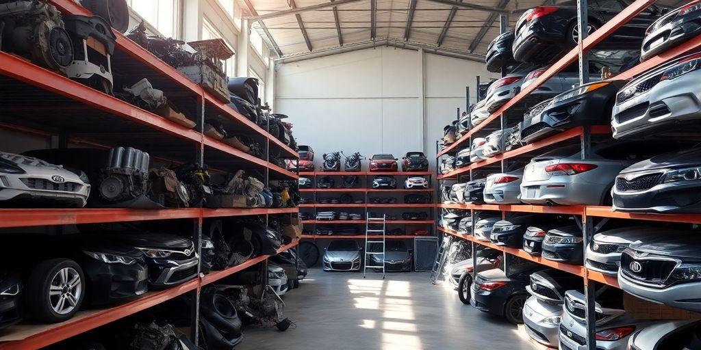 Used Kia parts neatly organized on shelves.