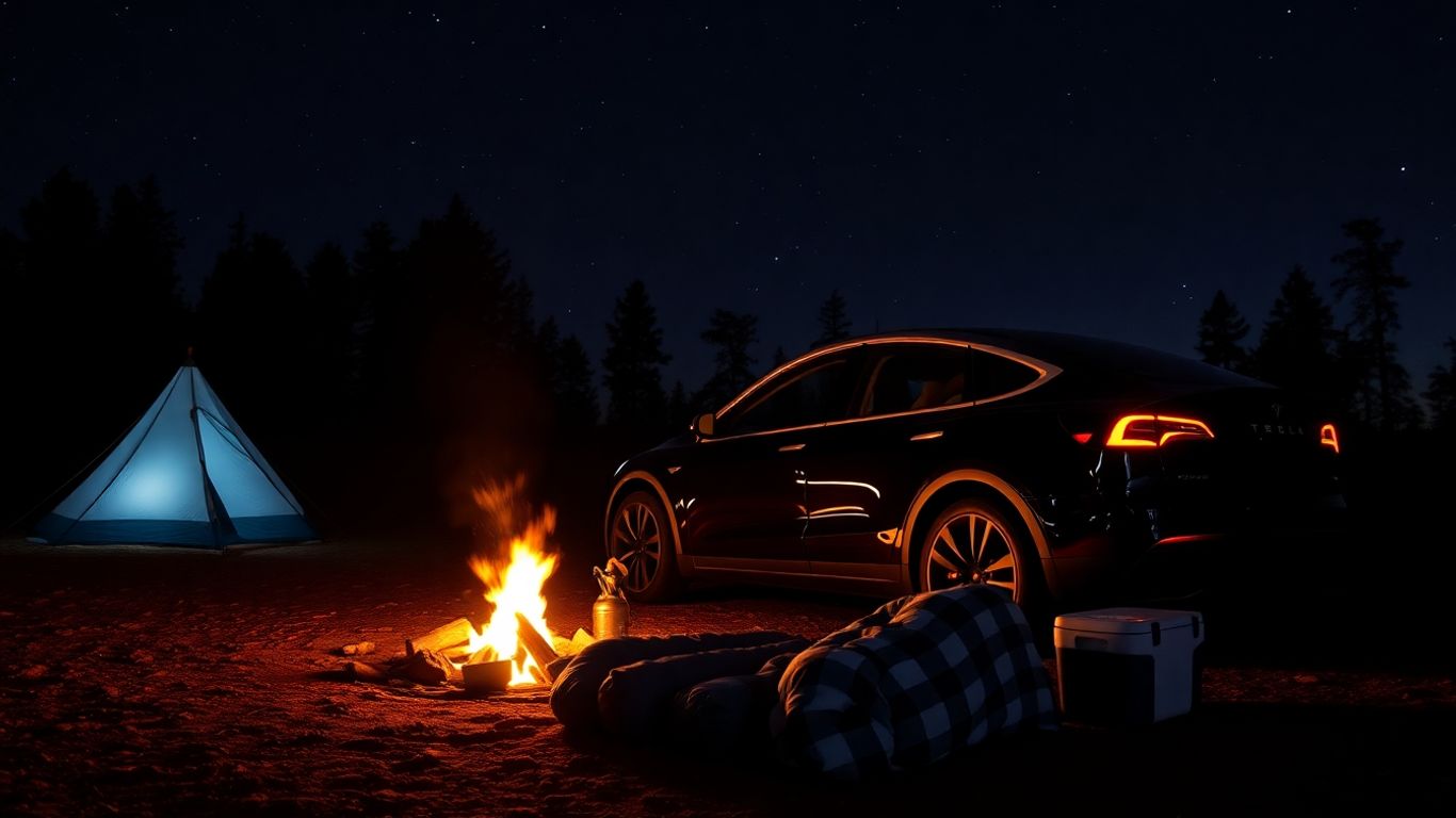 Tesla camping gear beside a parked Tesla Model Y at night.