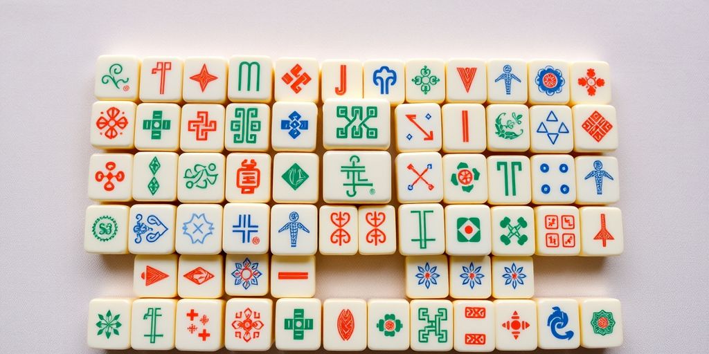 Colorful Mahjong tiles arranged beautifully.