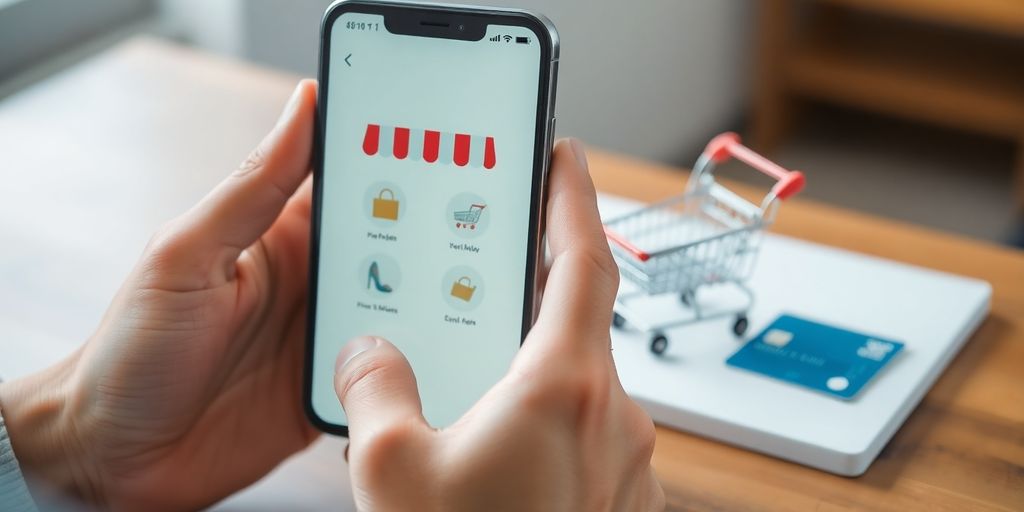 Person holding phone, shopping cart, credit card