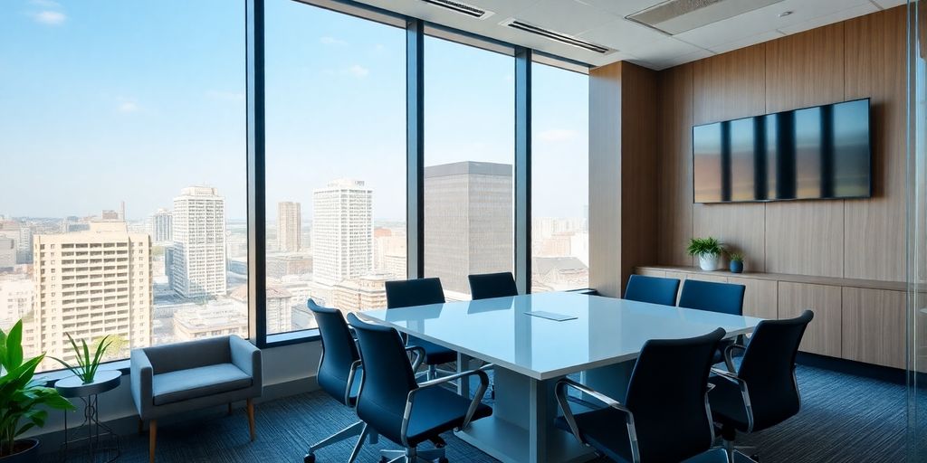 Modern serviced office space in Tokyo with city views.
