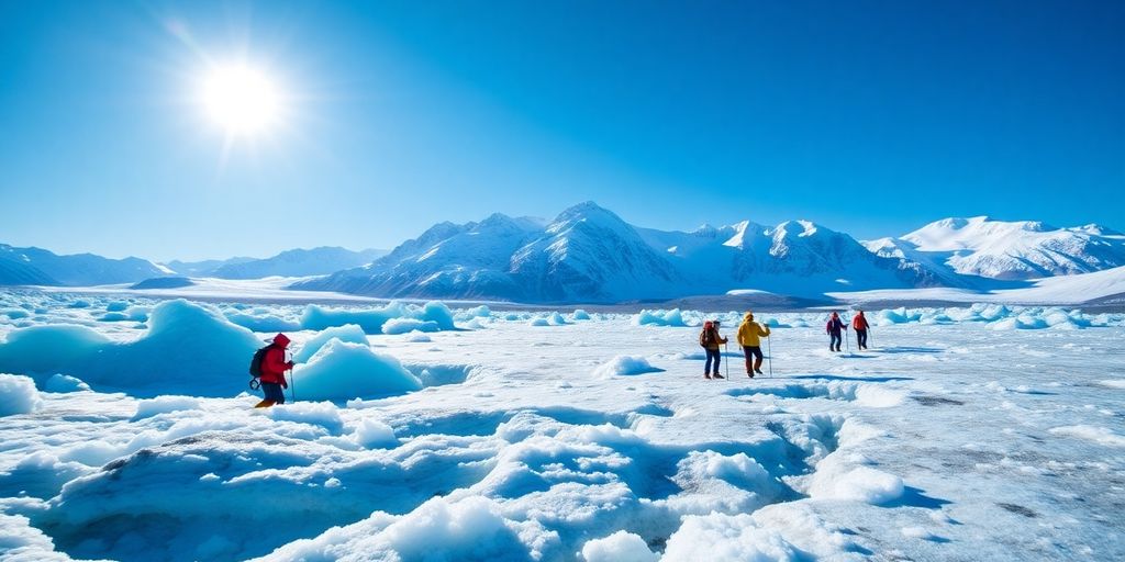 Hikers trek across a vast, blue ice glacier in Alaska.