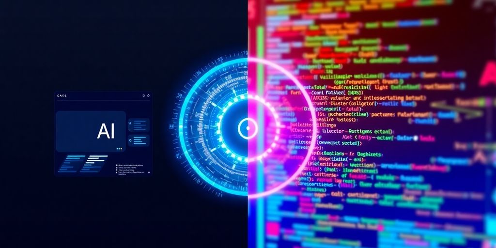 Two distinct digital interfaces, one sleek AI, the other vibrant coding.