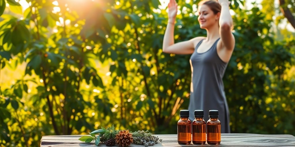 Serene woman doing outdoor yoga with natural herbs and essential oils.