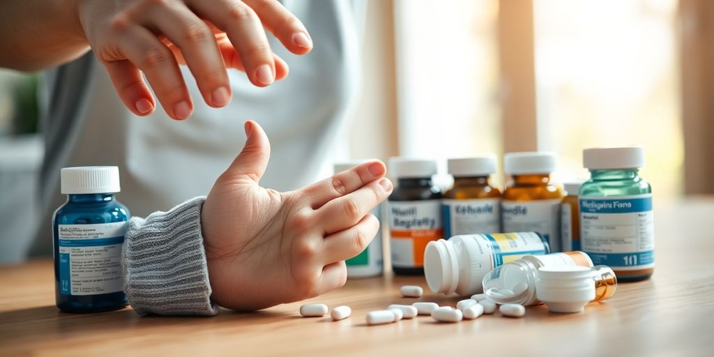 Medication bottles, child's hand, parent's hand.