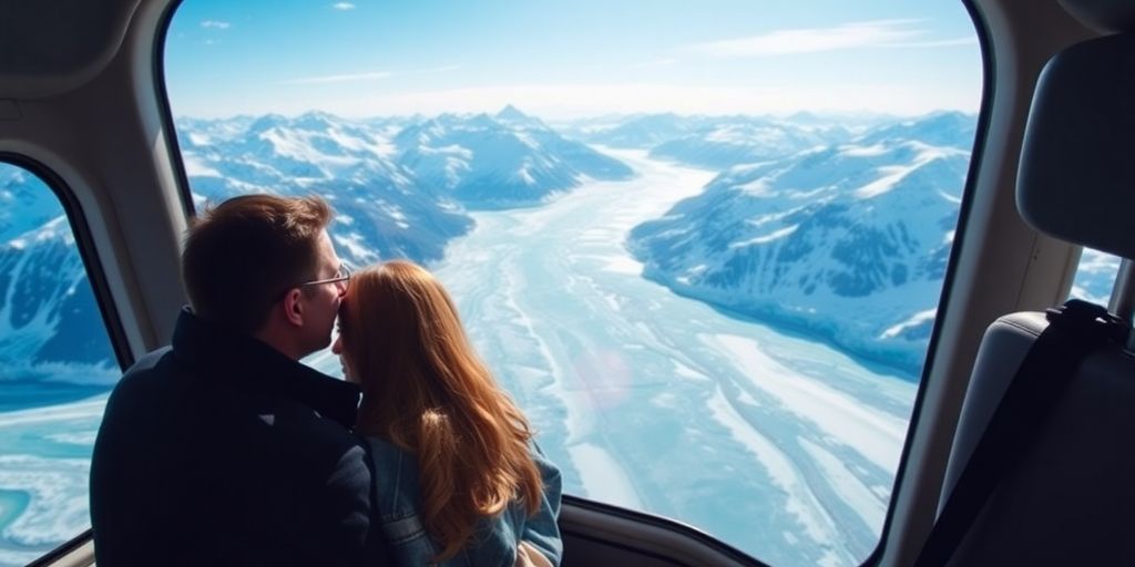 A couple in a helicopter views vast Alaskan glaciers.