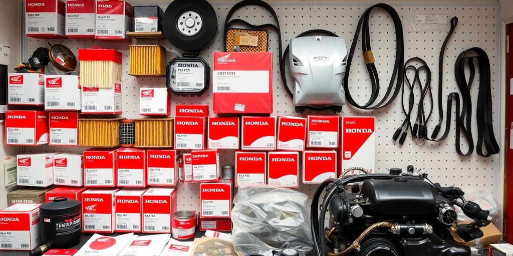Honda car engine components laid out neatly.
