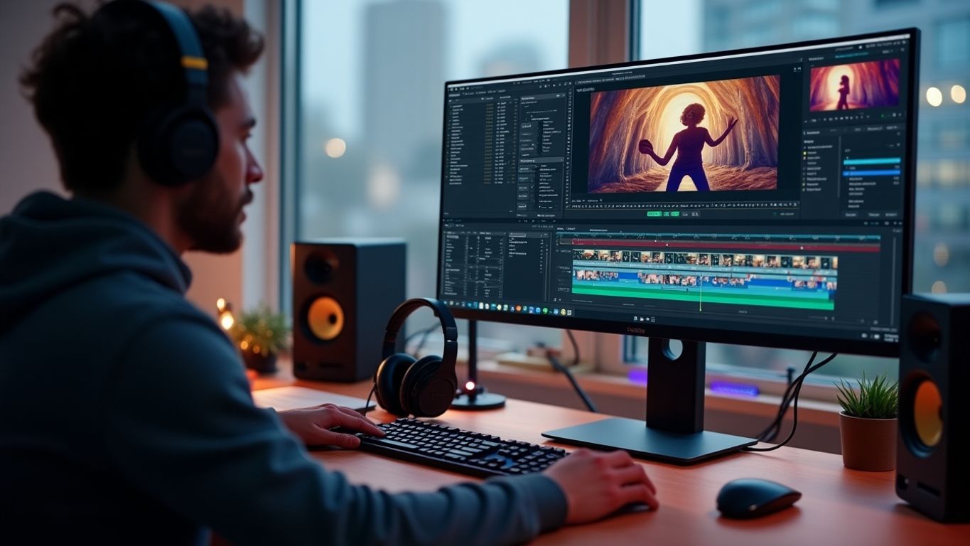 Modern workspace with video editing tools and equipment.