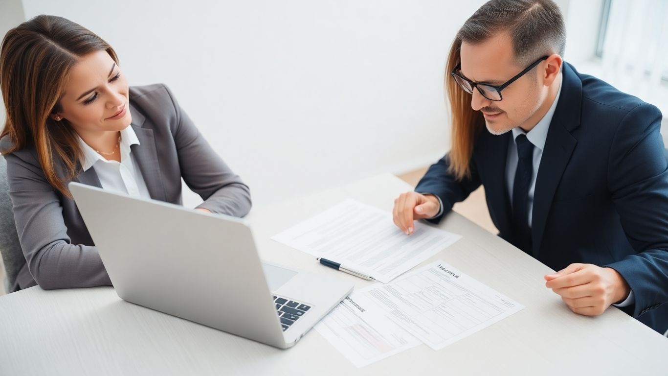 Dos personas revisan documentos de seguro en una oficina