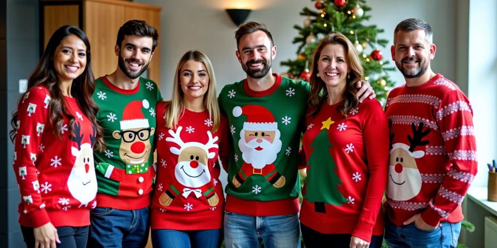 Office workers in funny Christmas jumpers