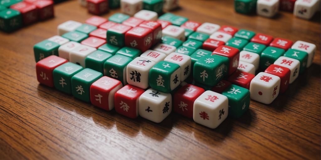 Mahjong tiles displayed on a wooden table.