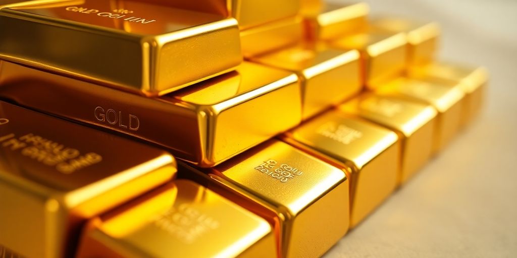 Des barres d'or empilées sur un fond neutre.