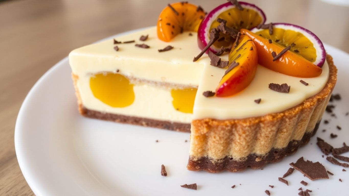 Torta de maracujá com camadas de chocolate.