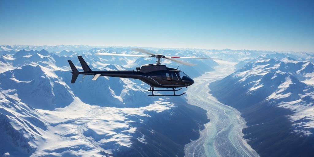 A helicopter flies over vast, snow-covered Alaskan mountains.