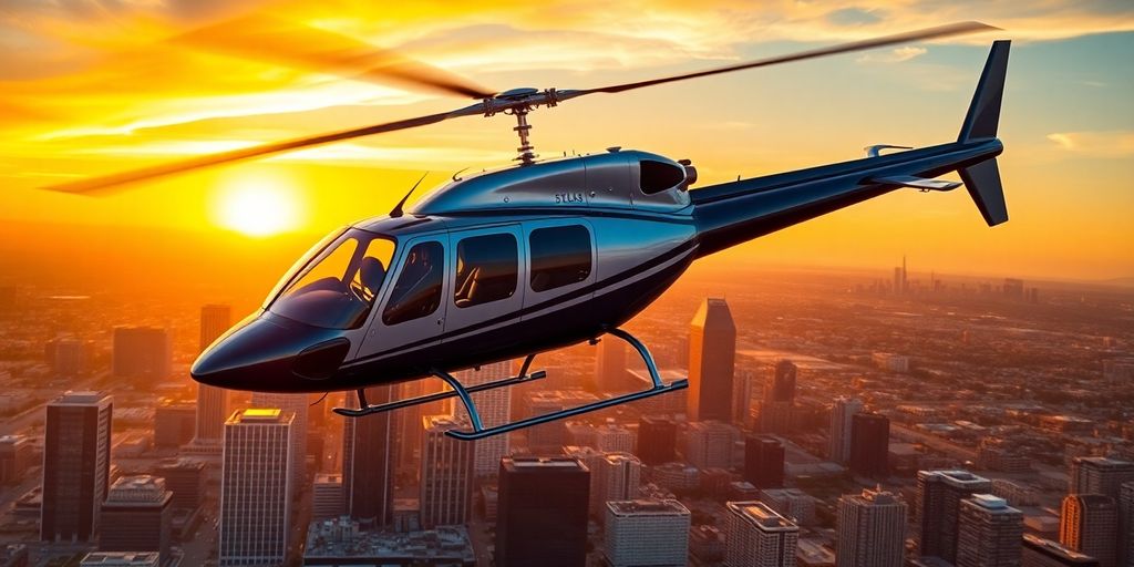 A helicopter flies over the Dallas, Texas skyline at sunset.