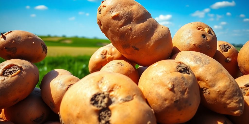 Vers geoogste aardappelen op een boerderij achtergrond.
