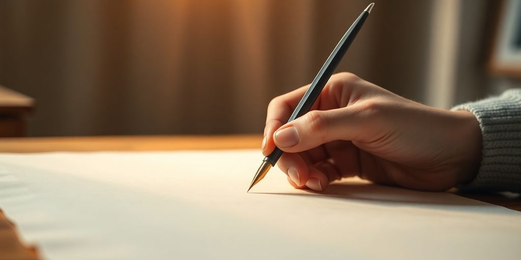 Person writing with inspired light illuminating a quill.