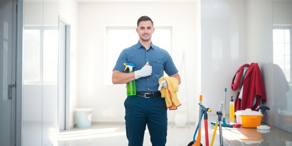 Cleaning business owner with supplies.