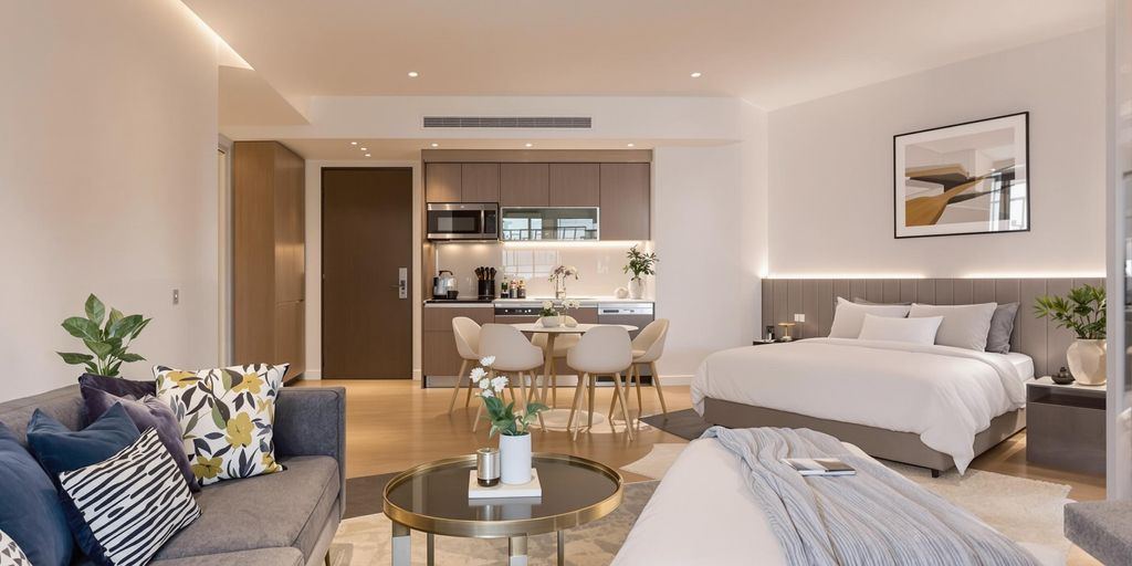 Luxurious serviced apartment with elegant furnishings and cozy atmosphere.