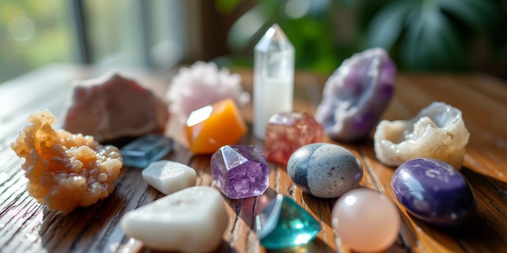 Cristalli su superficie di legno illuminati dolcemente