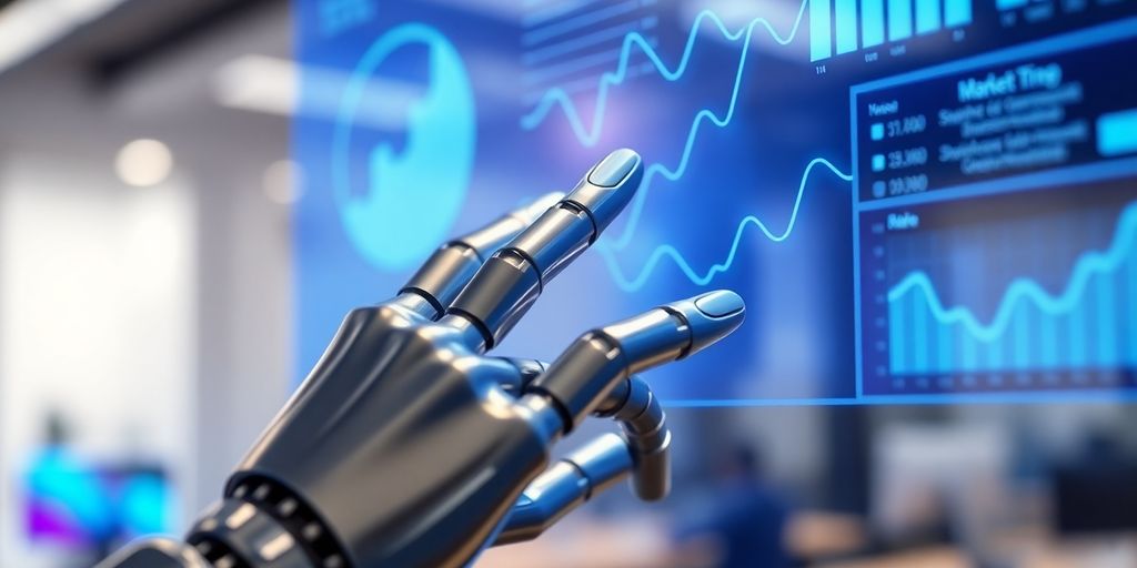 Robot hand interacting with marketing data visualization.