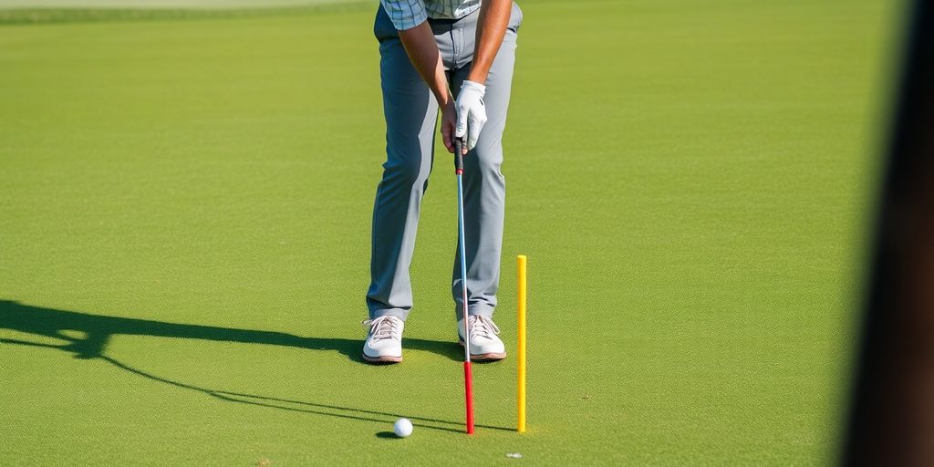 Golfer practicing swing with alignment sticks.