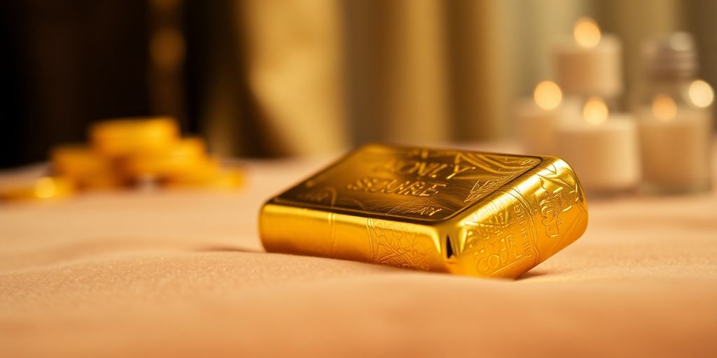 Lingot d'or sur un tissu en velours.