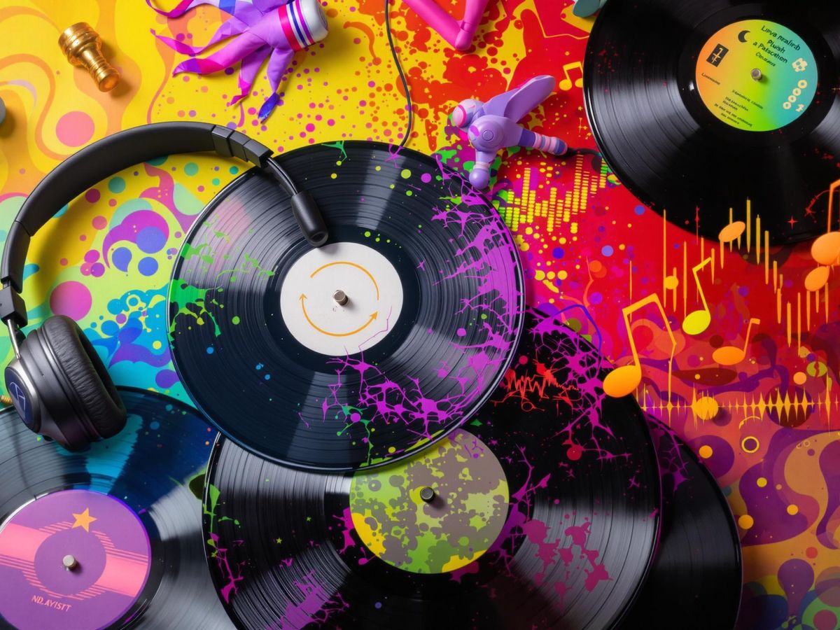 Colorful music elements with headphones and vinyl records.