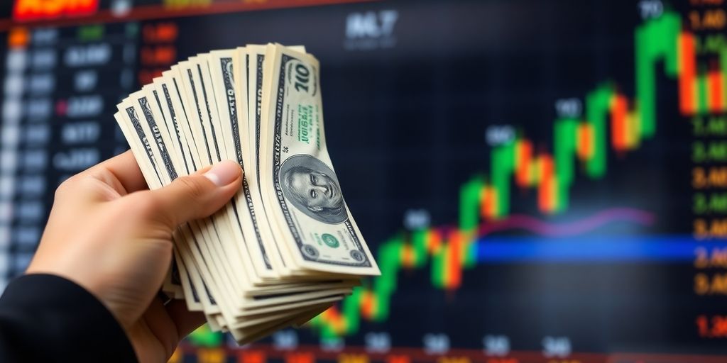 Hand holding cash with stock market background.