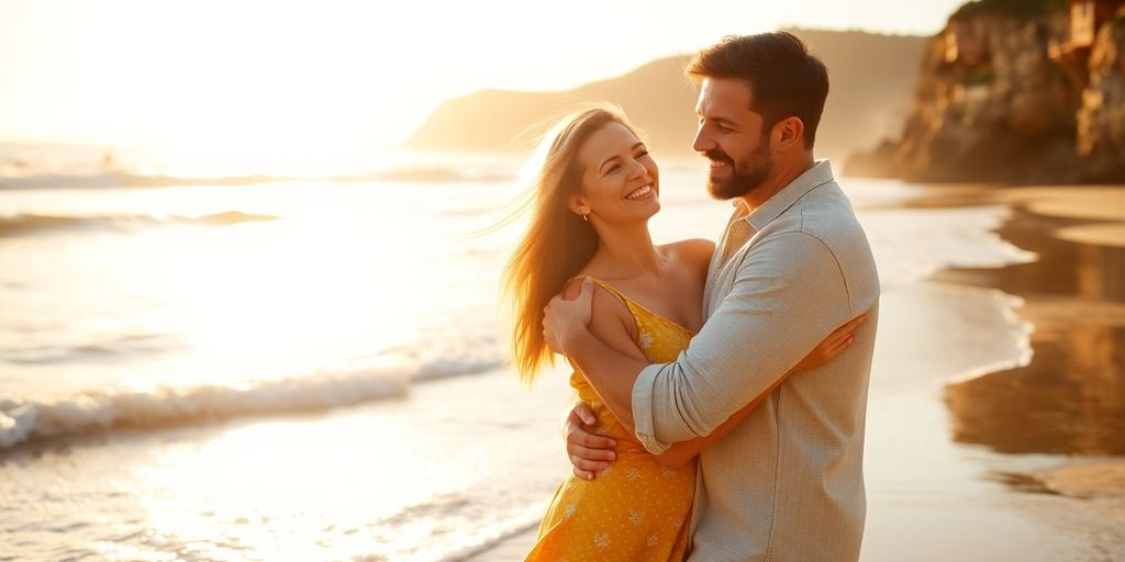 Couple embracing on a Sydney beach at sunset.