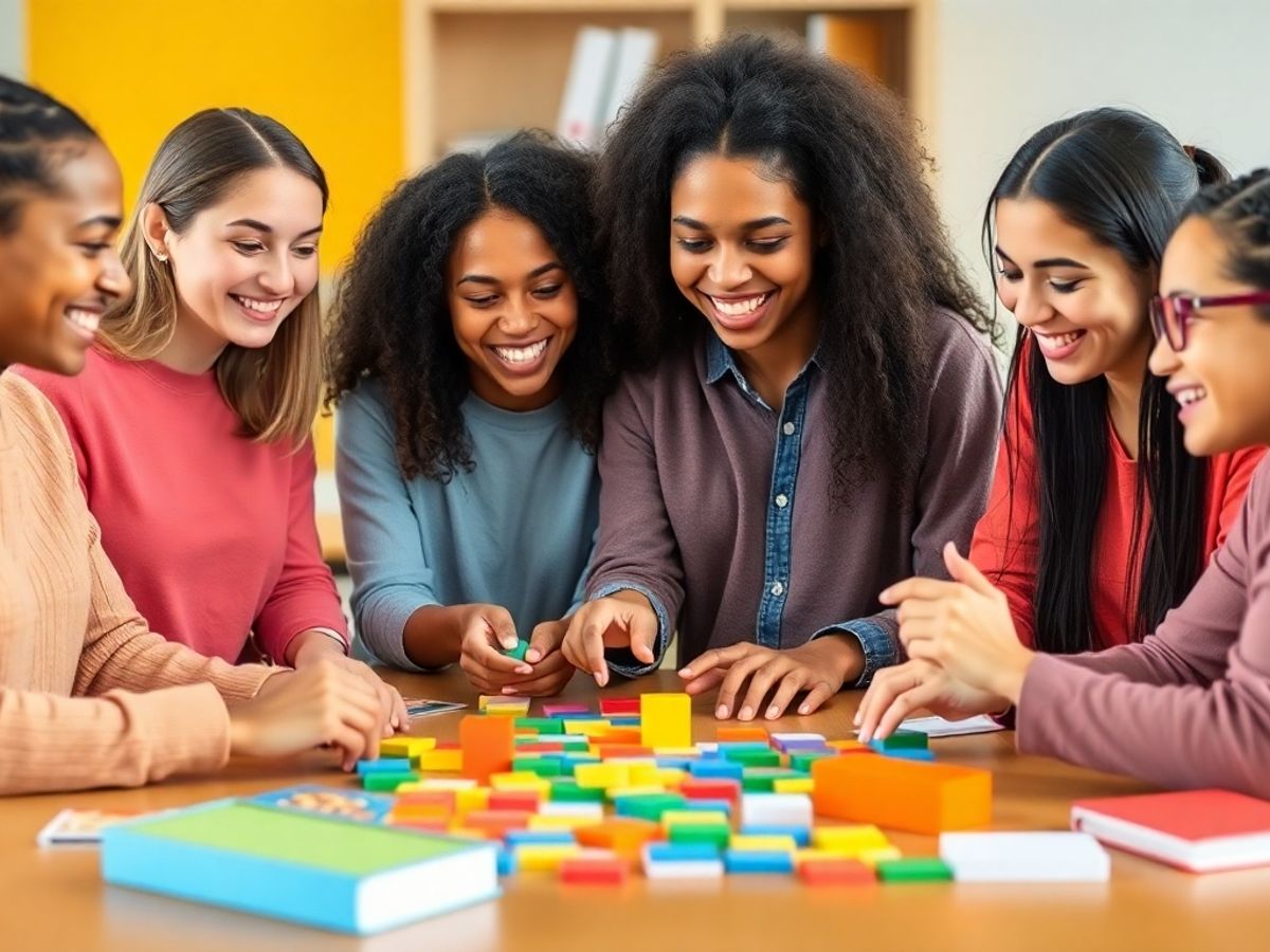 Diverse beginners playing engaging ESL language games together.