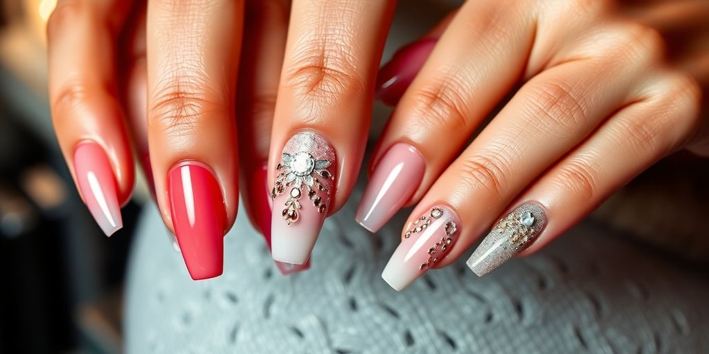 Unhas perfeitamente alongadas e decoradas com arte de unhas.