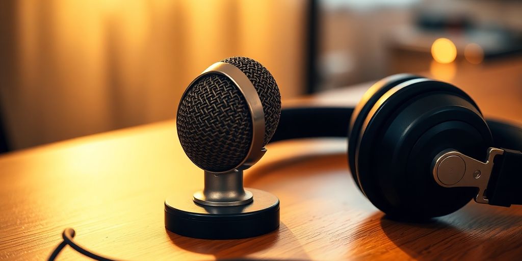 Microphone and headphones on a table.
