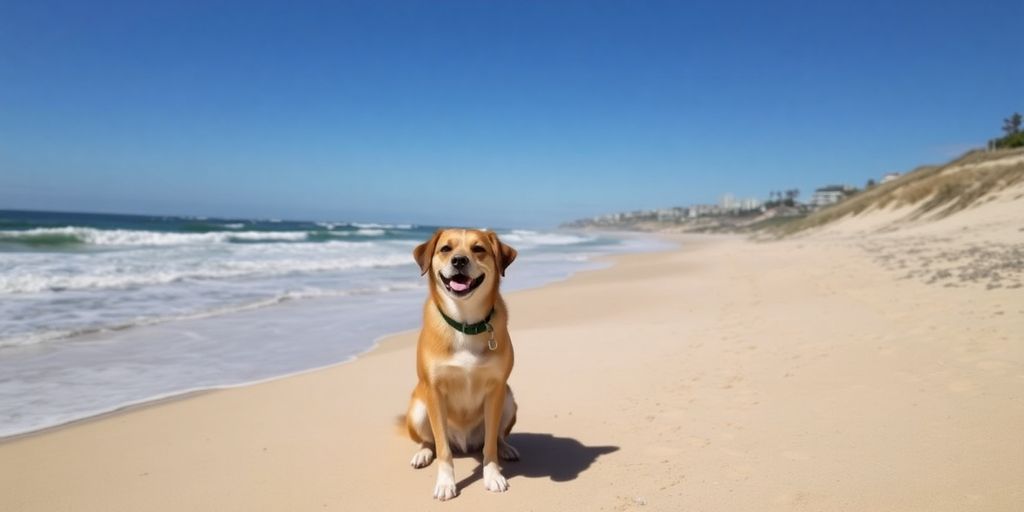 Happy dog sitting attentively near Bondi Beach.